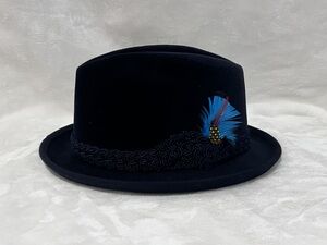 Stetson Sovereign Felt Hat Navy Blue Feather Band Size 6 7/8 (55 cm)